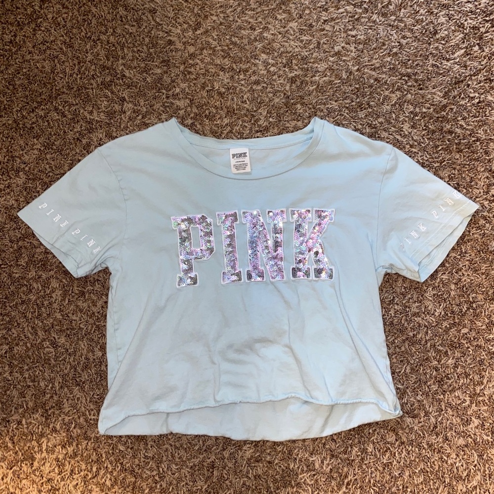 Pink Victoria’s Secret Light Blue Sequin Logo Crop Top